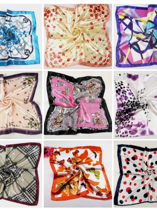 Accessories - 9Pcs Mix Silk-Look Floral Pattern Square Scarf - 50x50cm